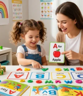 Preschool child learning phonics with colorful alphabet cards and educational activities at home