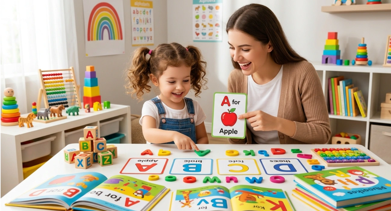 Preschool child learning phonics with colorful alphabet cards and educational activities at home