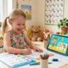 Child using printable worksheets beside digital screen learning activity at home