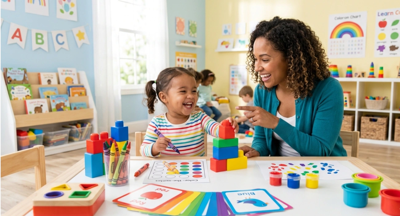 Toddler learning colors with colorful toys, flashcards, and painting activities at home