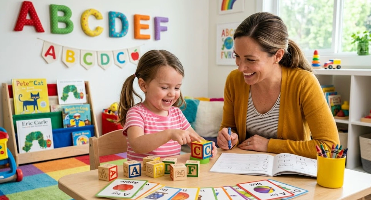 Preschool child learning alphabets with colorful educational activities and alphabet toys