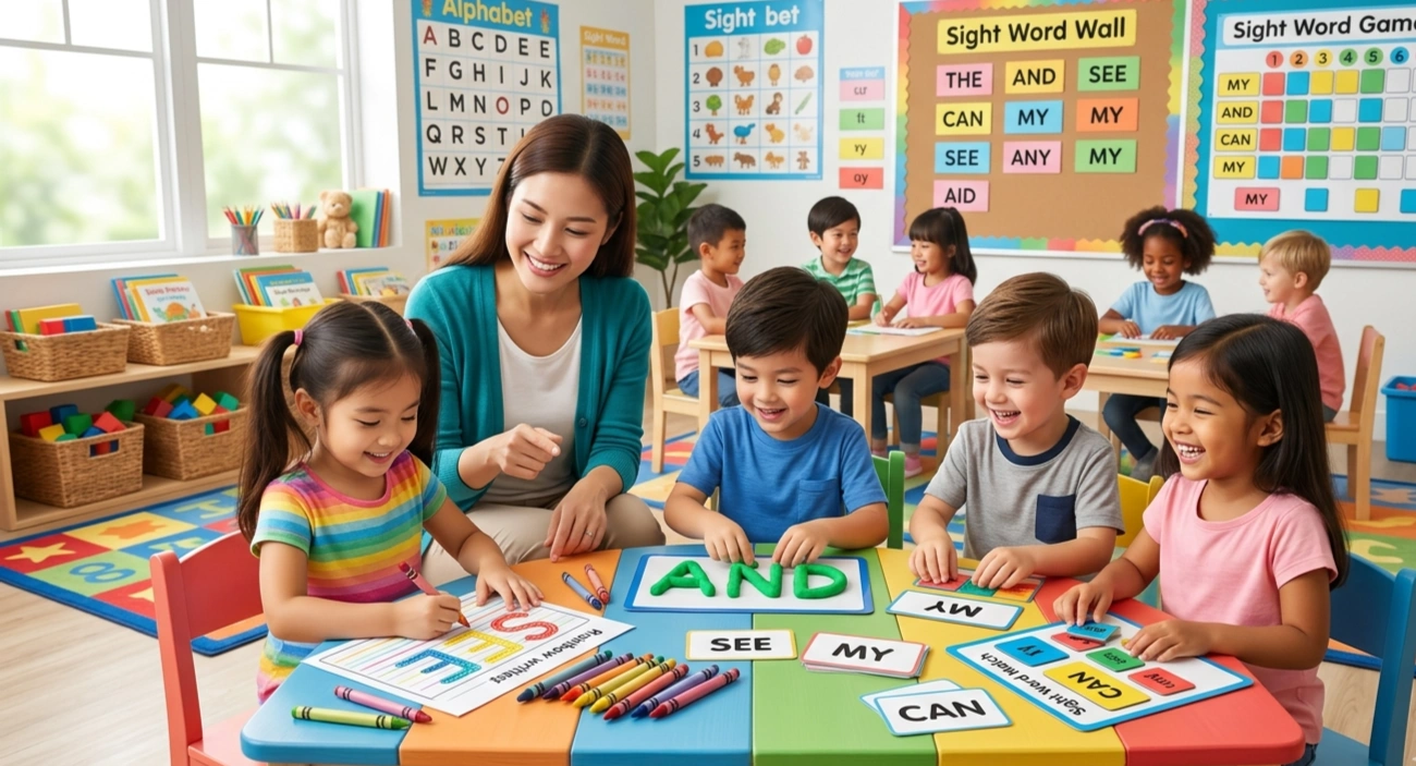Kindergarten children learning sight words with colorful flashcards and fun classroom activities