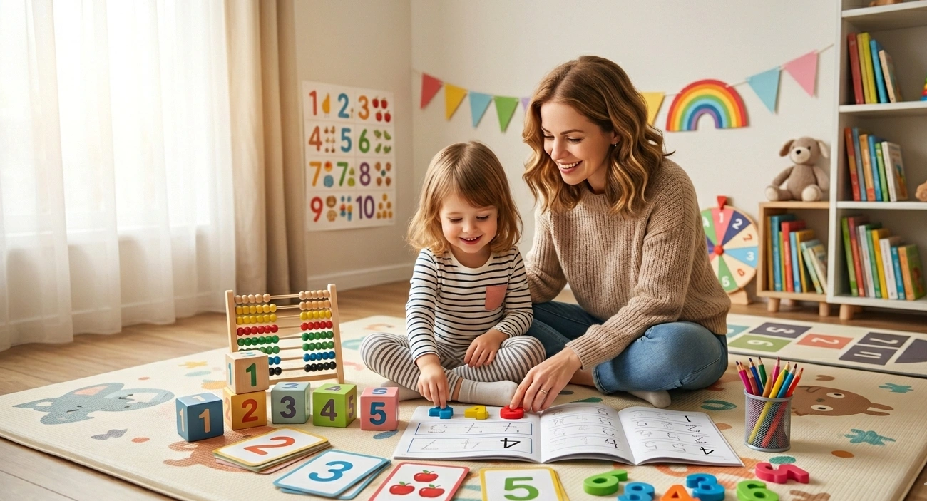 Preschool child learning numbers through fun counting activities at home with colorful educational toys