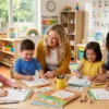Kids practicing handwriting with colorful pencils and worksheets at home