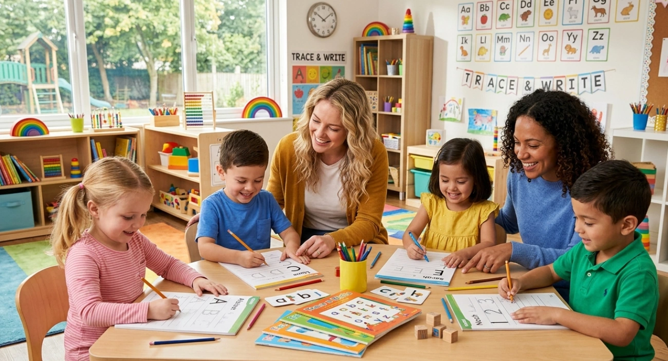Kids practicing handwriting with colorful pencils and worksheets at home