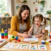 Preschool child doing fun learning activities at home with parent guidance