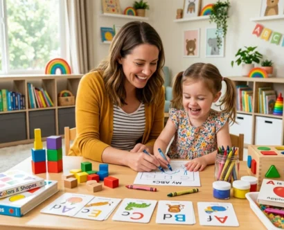 Preschool child doing fun learning activities at home with parent guidance