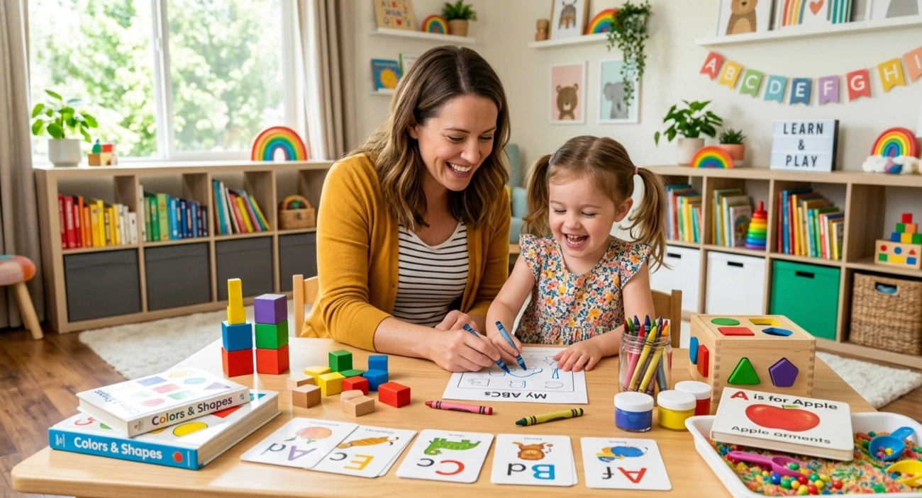 Preschool child doing fun learning activities at home with parent guidance