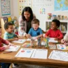 Happy children using printable worksheets for learning at home and school