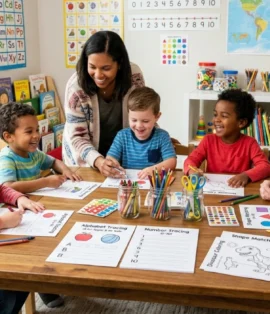 Happy children using printable worksheets for learning at home and school