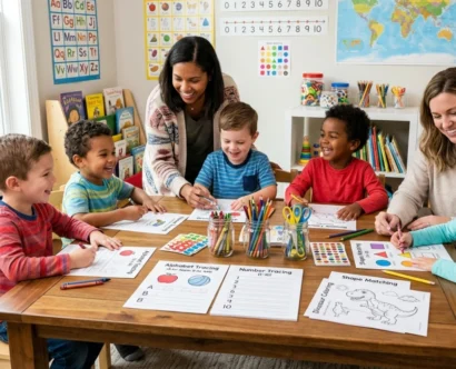 Happy children using printable worksheets for learning at home and school
