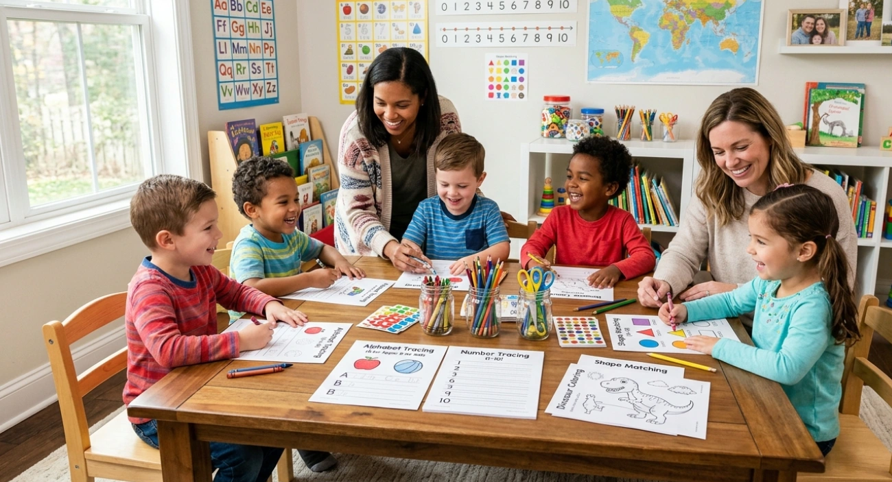 Happy children using printable worksheets for learning at home and school