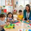 Preschool children playing fun shape recognition games with colorful learning materials