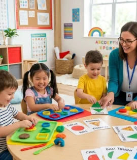 Preschool children playing fun shape recognition games with colorful learning materials