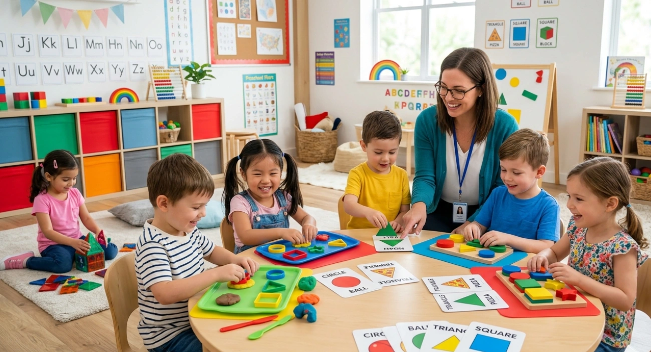 Preschool children playing fun shape recognition games with colorful learning materials