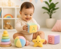 Baby playing with soft educational toys