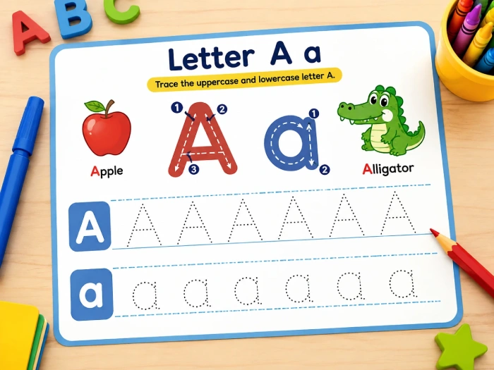 Alphabet tracing worksheet for preschool with uppercase and lowercase letter A practice, apple and alligator illustrations.