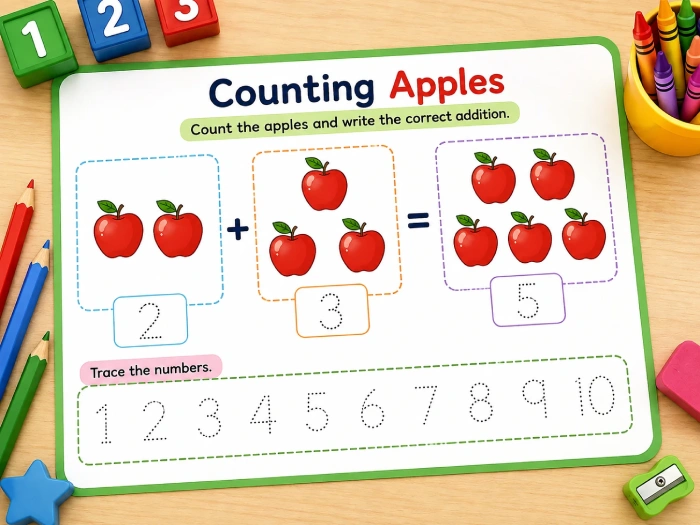Preschool math worksheet with counting apples, simple addition activity, and number tracing practice.