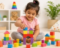 Toddler girl playing with colorful building blocks