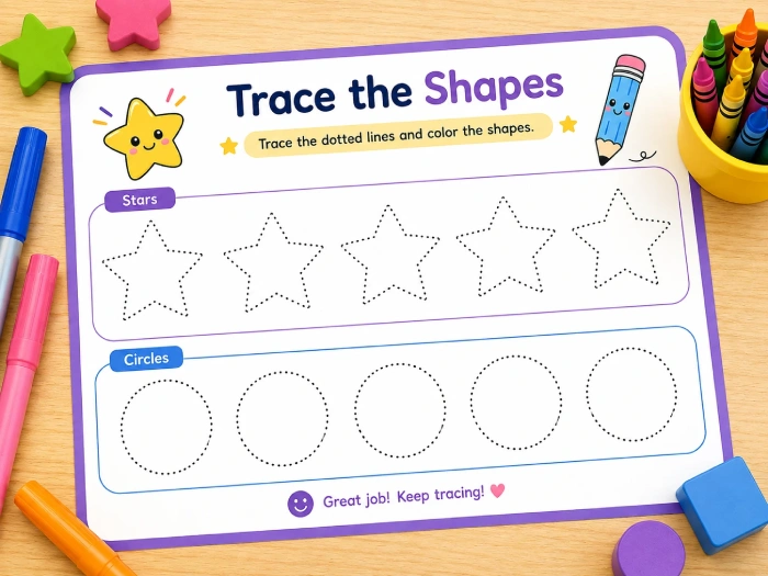 Shape tracing worksheet for preschool featuring dotted stars and circles for fine motor skills practice.
