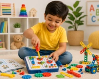 Young boy playing with educational toy set