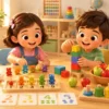 Preschool children learning numbers through colorful counting activities with blocks, toys, and worksheets