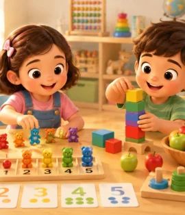 Preschool children learning numbers through colorful counting activities with blocks, toys, and worksheets