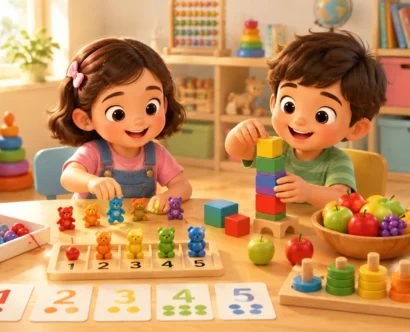 Preschool children learning numbers through colorful counting activities with blocks, toys, and worksheets