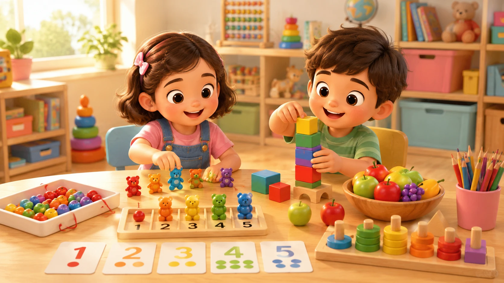 Preschool children learning numbers through colorful counting activities with blocks, toys, and worksheets