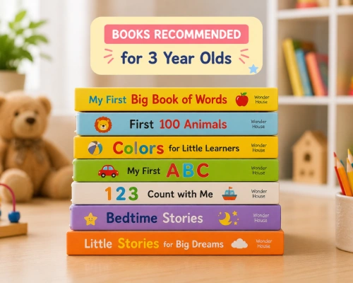 Stack of colorful books recommended for three year olds