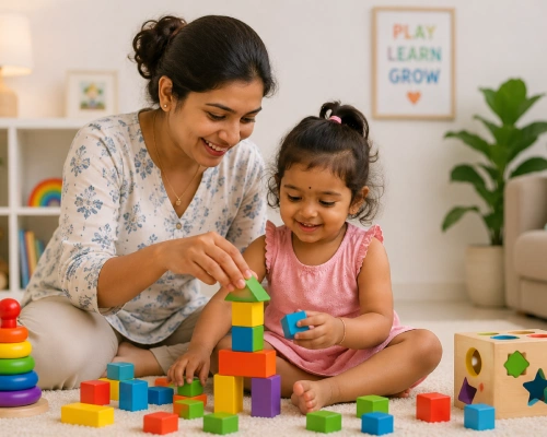 Parent and child playing with educational toys together
