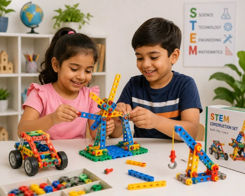 Children building with STEM construction toys