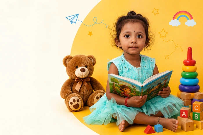Young girl smiling while reading a book next to a teddy bear and colorful toy blocks