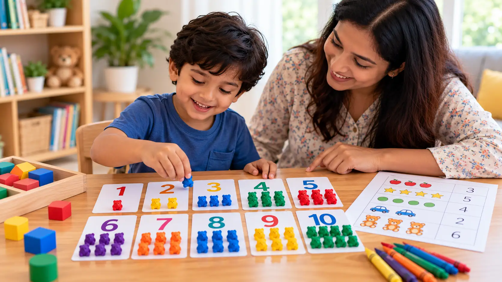 Kindergarten child counting colourful blocks and number cards at a table