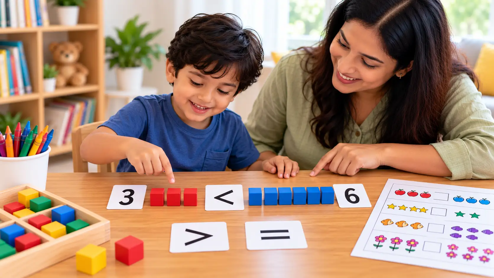 Kindergarten child comparing number cards and colourful counting blocks to learn greater than and less than