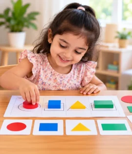 Preschool child learning basic shapes with colourful wooden geometric blocks and shape cards
