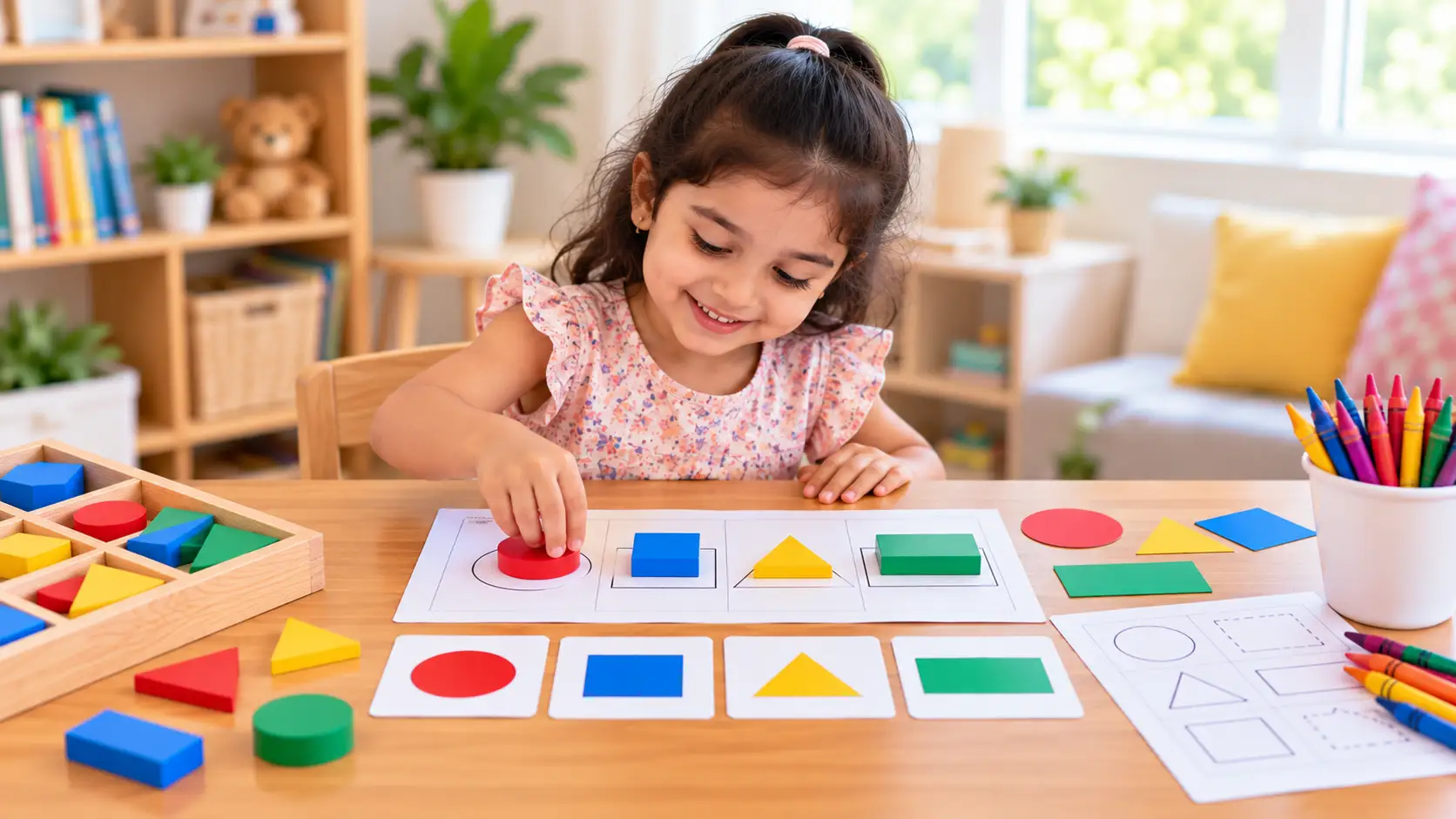 Preschool child learning basic shapes with colourful wooden geometric blocks and shape cards