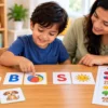 Preschool child matching alphabet letter cards with pictures to practise beginning letter sounds
