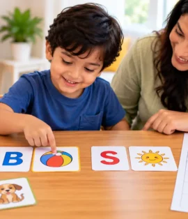 Preschool child matching alphabet letter cards with pictures to practise beginning letter sounds