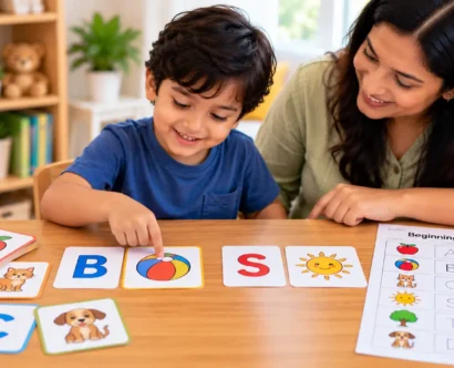 Preschool child matching alphabet letter cards with pictures to practise beginning letter sounds