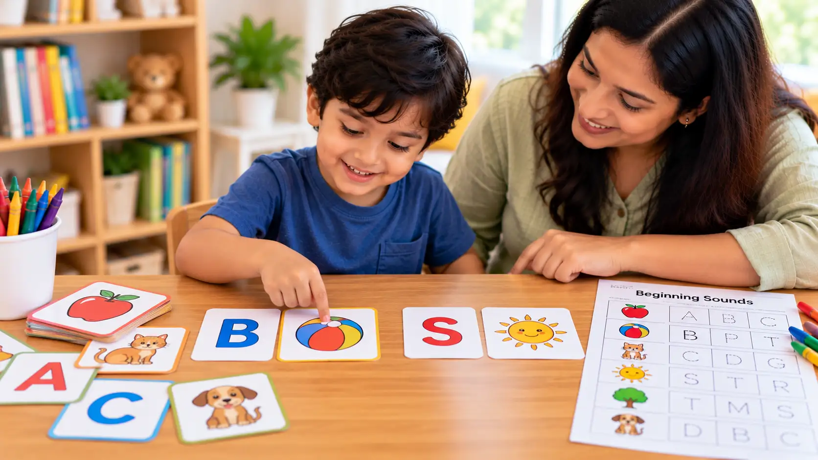 Preschool child matching alphabet letter cards with pictures to practise beginning letter sounds