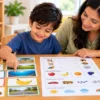 Kindergarten child learning general knowledge with picture cards of animals, fruits, transport and nature