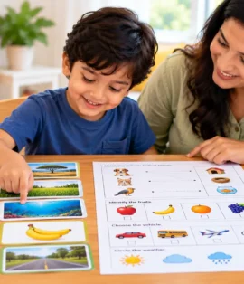 Kindergarten child learning general knowledge with picture cards of animals, fruits, transport and nature