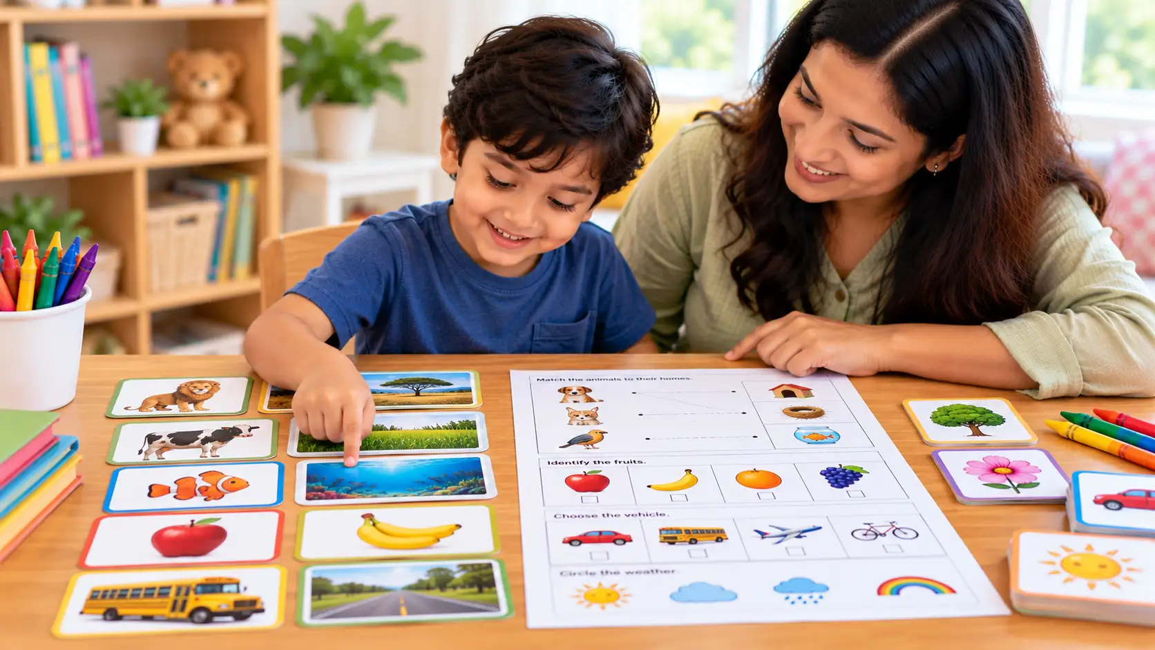 Kindergarten child learning general knowledge with picture cards of animals, fruits, transport and nature