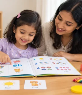 Preschool child exploring an alphabet and numbers learning book with a parent