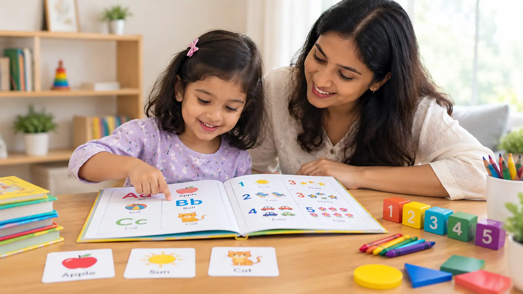 Preschool child exploring an alphabet and numbers learning book with a parent