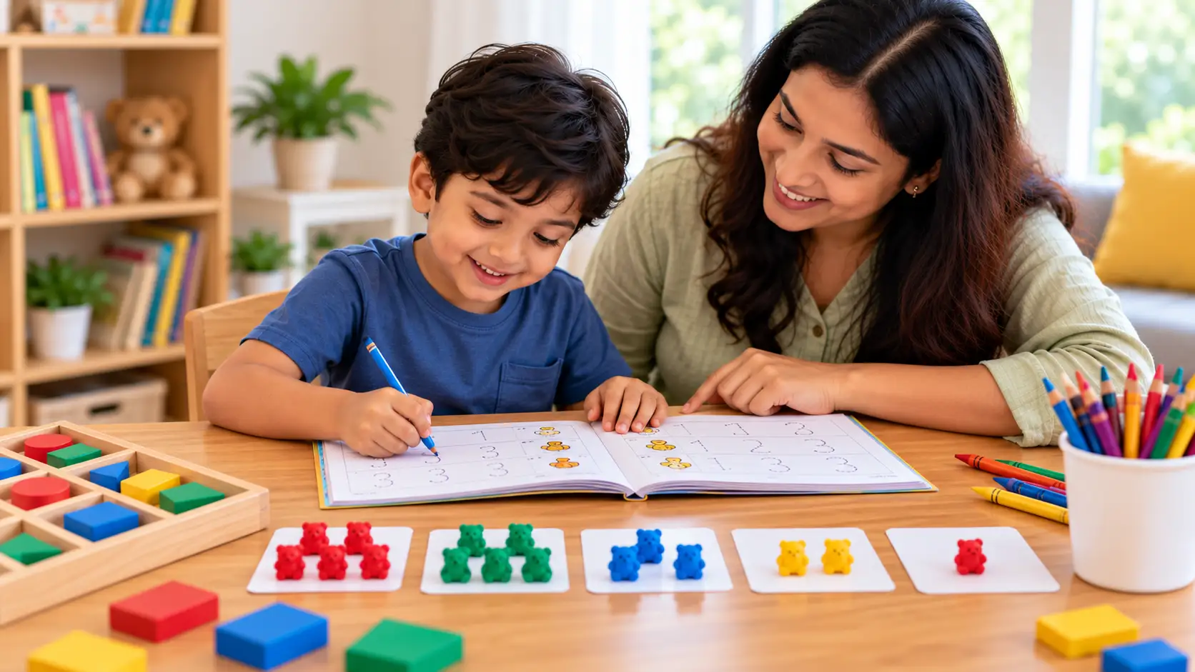 Preschool child learning number recognition using number cards and counting blocks