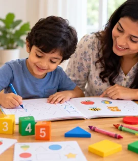 Preschool child practising numbers, alphabet letters, and shapes with learning materials