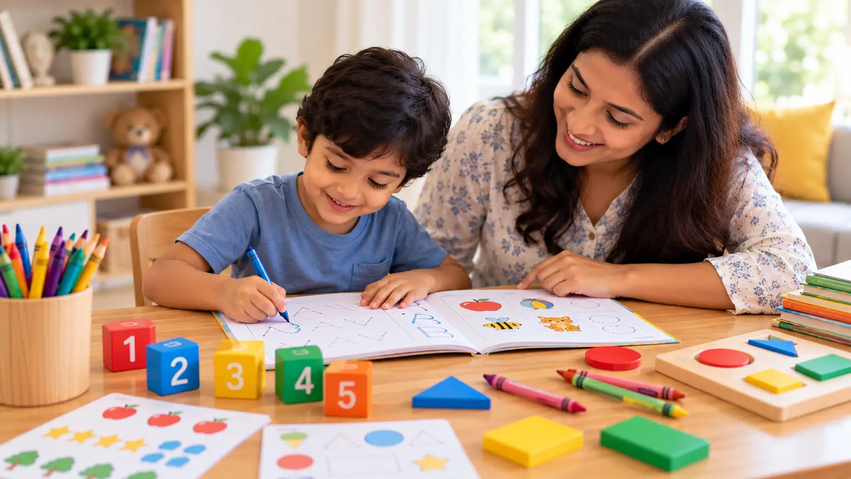 Preschool child practising numbers, alphabet letters, and shapes with learning materials