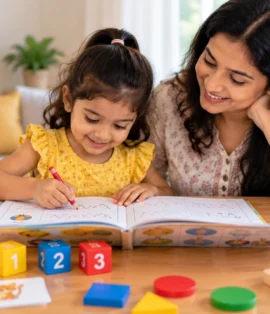 Preschool child completing a printable activity book with alphabet, counting, and coloring pages